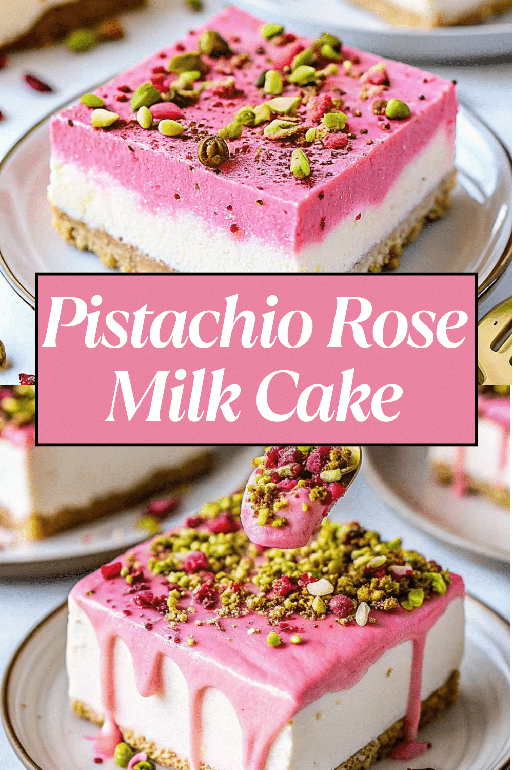 Pistachio Rose Milk Cake dusted with powdered sugar and garnished with chopped pistachios and dried rose petals on a white marble surface