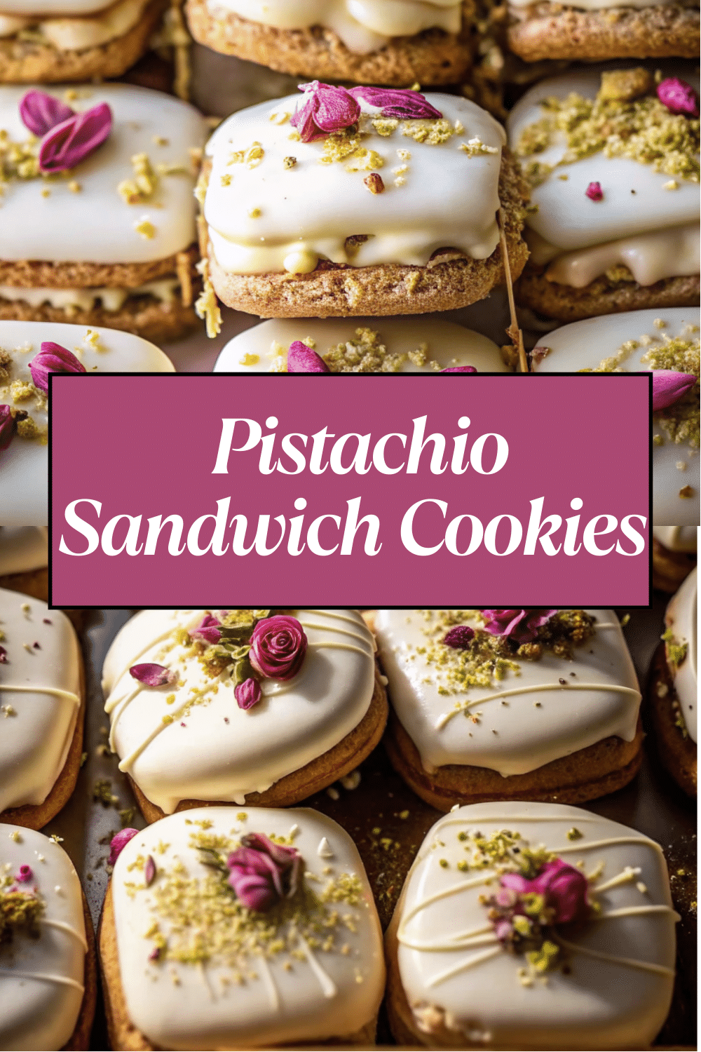 Pistachio Sandwich Cookies with White Chocolate decorated with rose petals and chopped pistachios on a white marble board