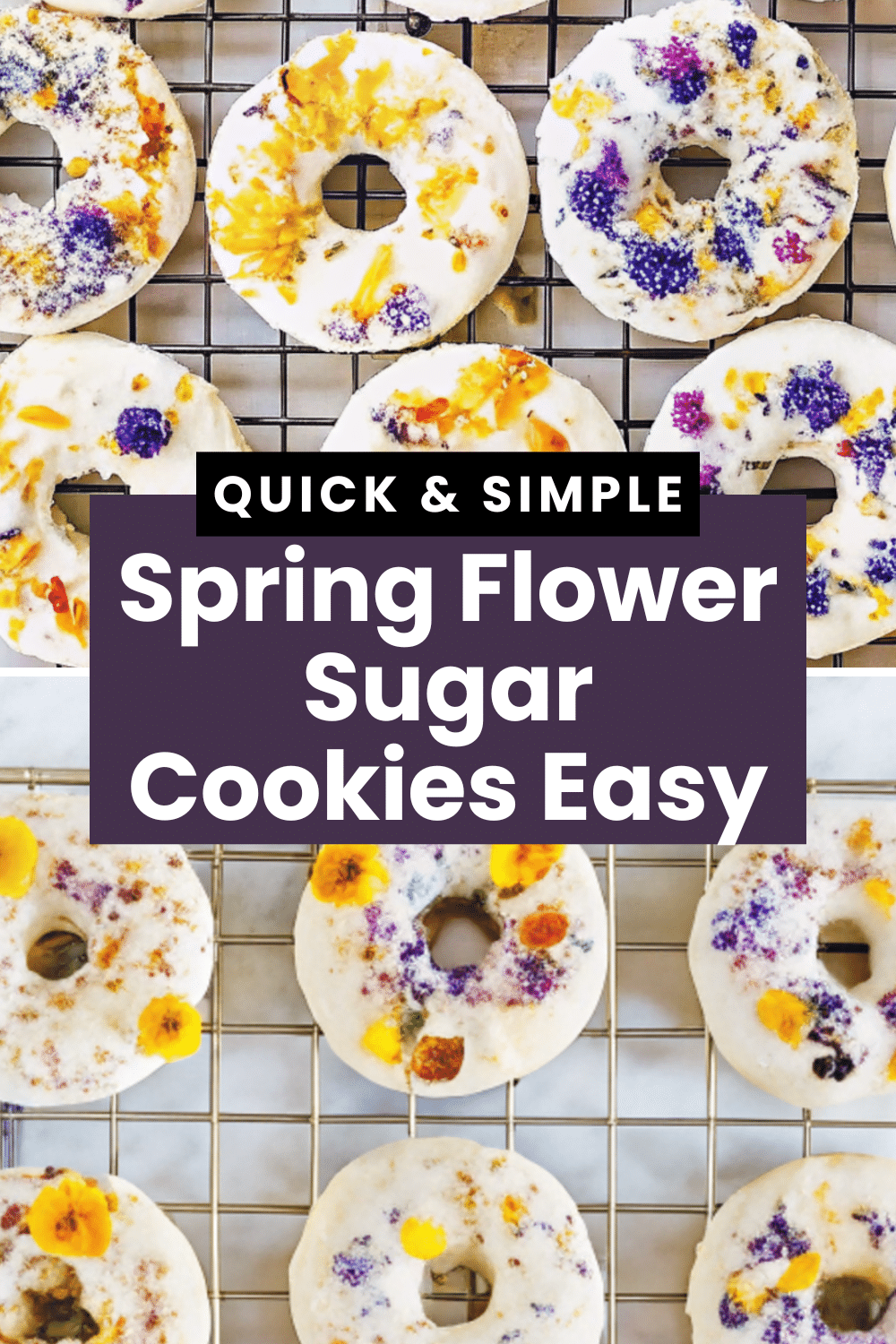 Spring Flower Sugar Cookies with white rose water glaze and edible flowers on a white marble board surrounded by loose flower petals