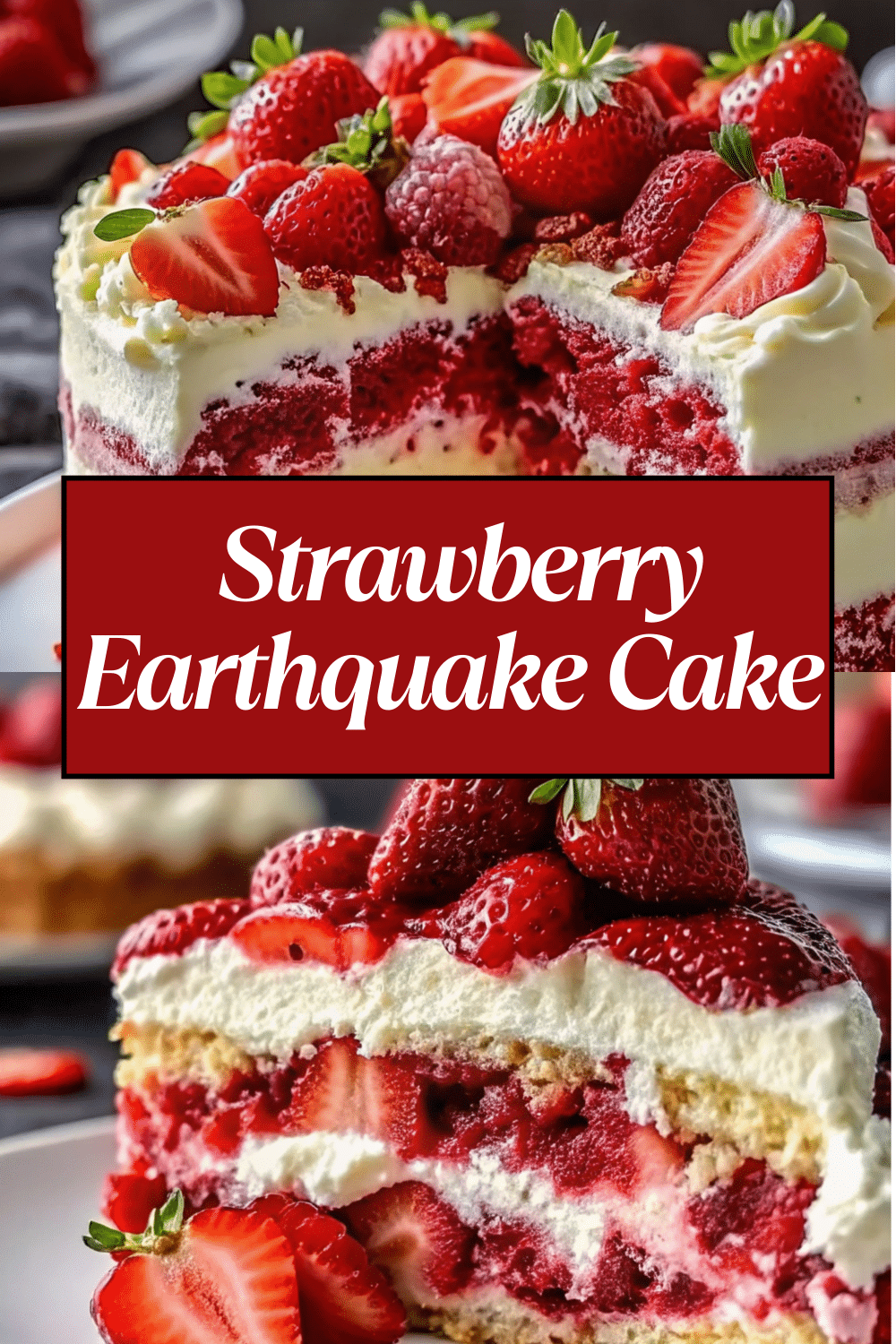 Strawberry Earthquake Cake with cream cheese swirl and fresh strawberries in a white baking dish on a rustic kitchen table