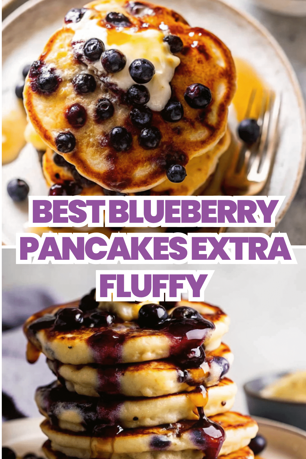 Extra Fluffy Blueberry Pancakes stacked high with maple syrup fresh blueberries and melting butter on a white plate on a white marble surface