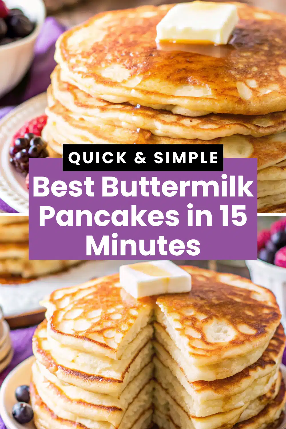 Buttermilk Pancakes stacked high with melting butter and maple syrup drizzle on a white plate on a white marble surface