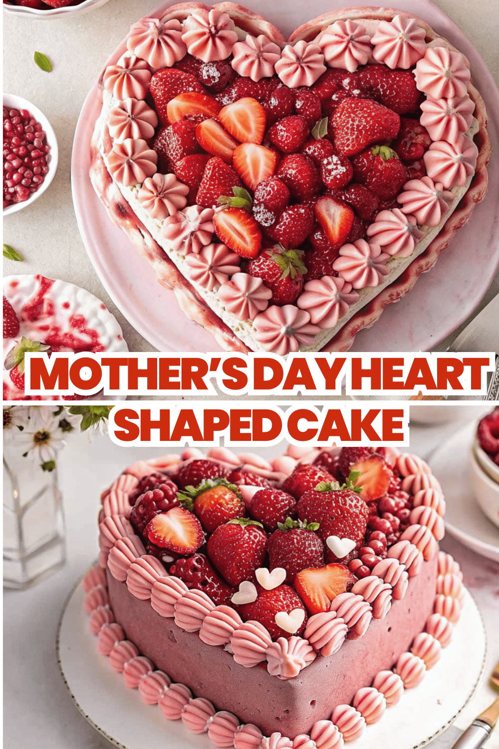 Heart Shaped Cake with pale pink vegan berry buttercream and fresh raspberries and strawberries on top on a white marble surface