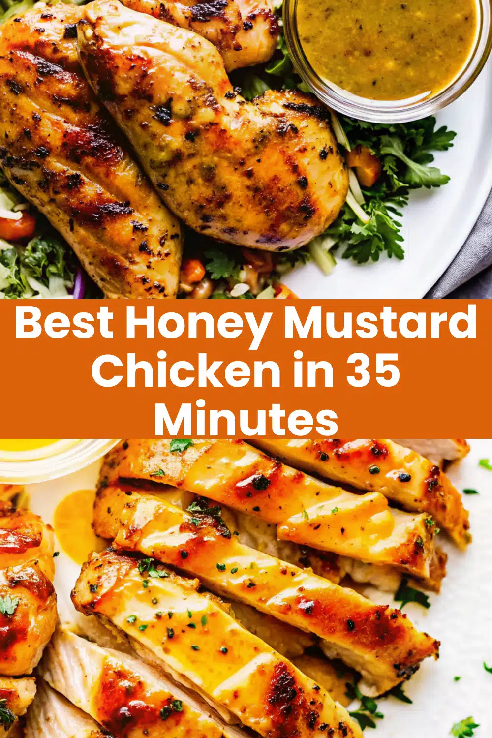 Honey Mustard Chicken sliced golden grilled chicken breasts with caramelized honey mustard glaze and sauce on a white platter on white marble