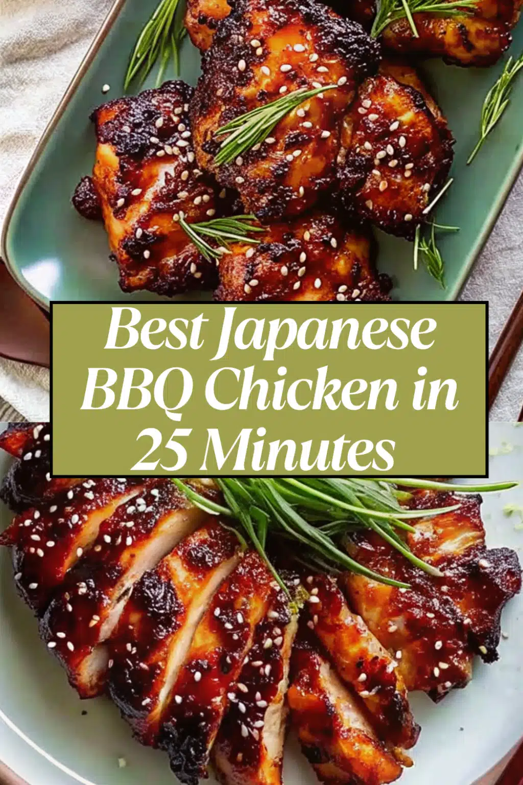 Japanese BBQ Chicken sticky glazed bite-sized chicken thigh pieces with sesame seeds and green onions on a white plate on a white marble surface