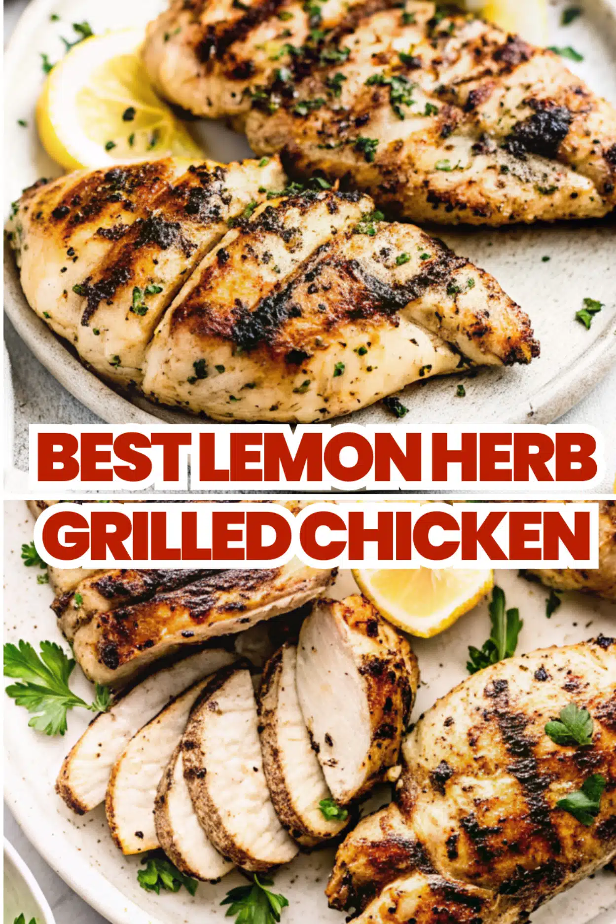 Lemon Herb Grilled Chicken golden chicken breasts with lemon slices and fresh herbs on a white platter on a white marble surface