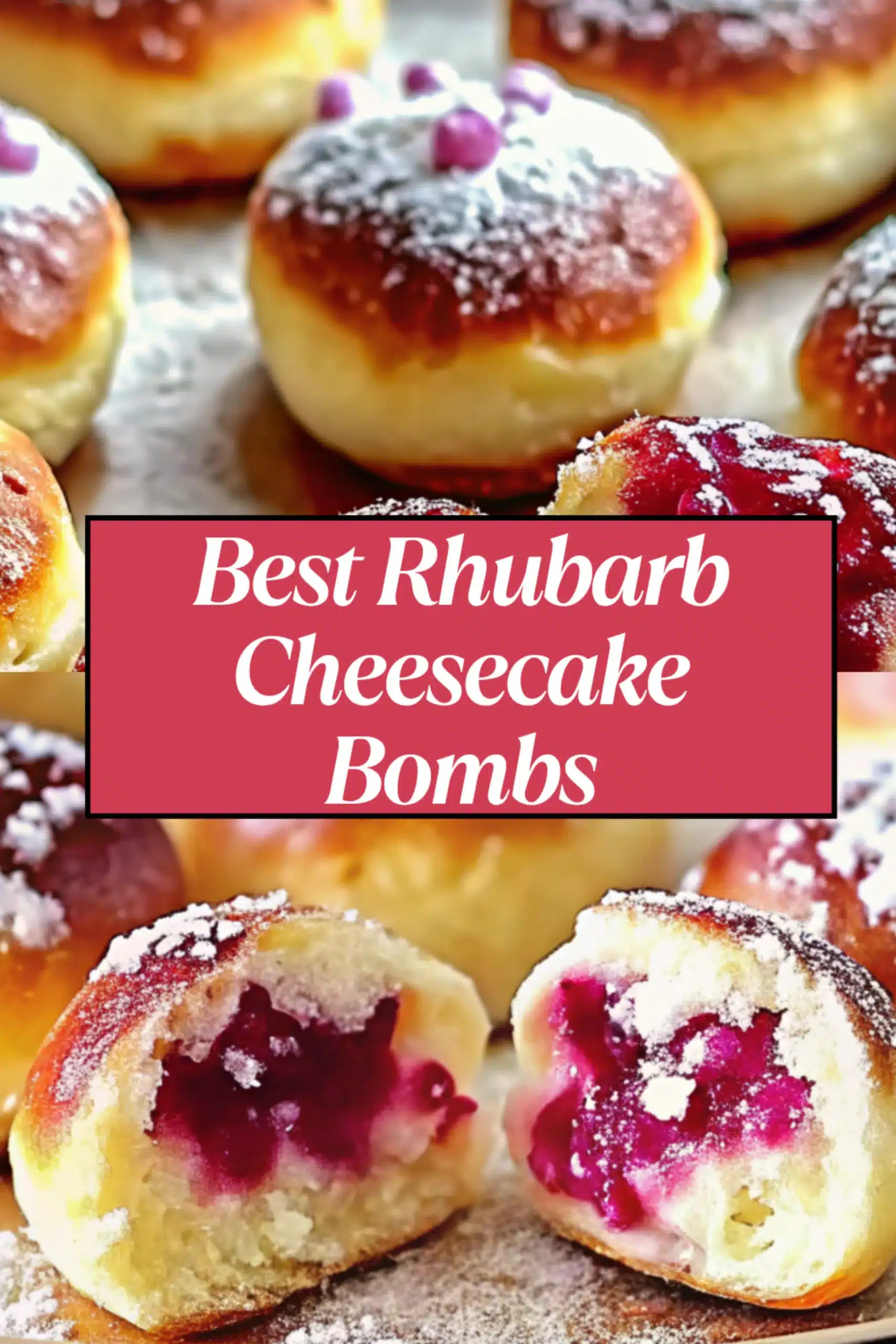 Rhubarb Cheesecake Bombs golden cake domes with cream cheese filling and pink rhubarb compote dusted with powdered sugar on a white marble surface