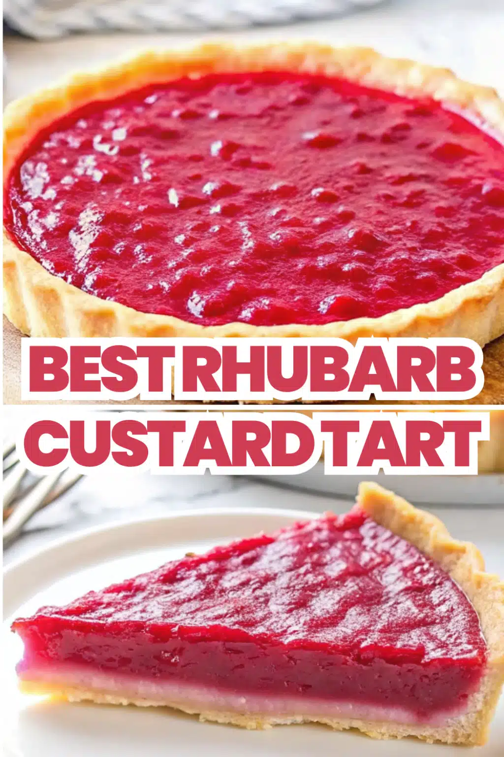 Rhubarb Custard Tart with golden almond pastry shell vanilla pastry cream and pink rhubarb compote on a white marble surface