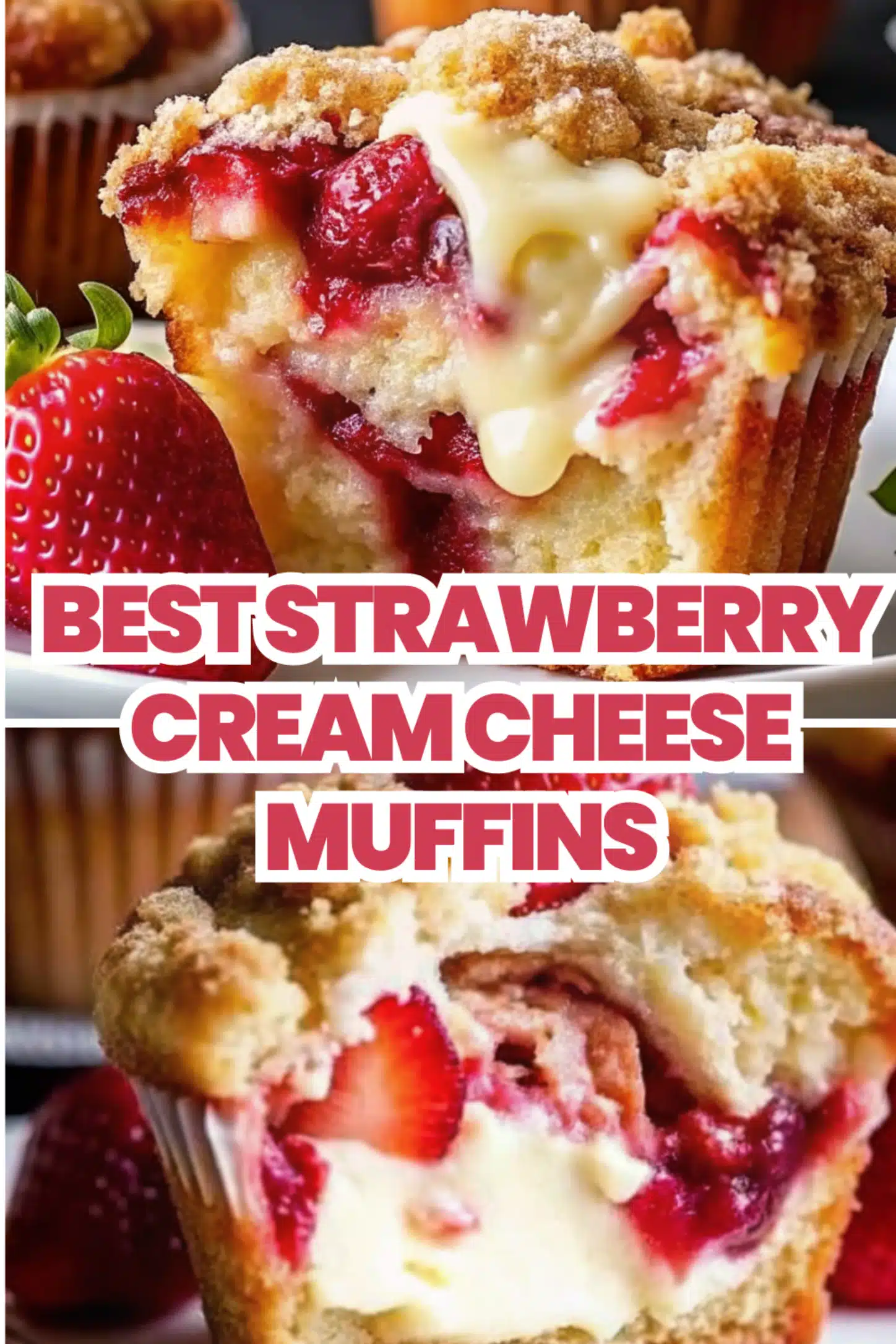 Strawberry Cream Cheese Muffins with golden crumb topping and fresh strawberry pieces on a white marble surface