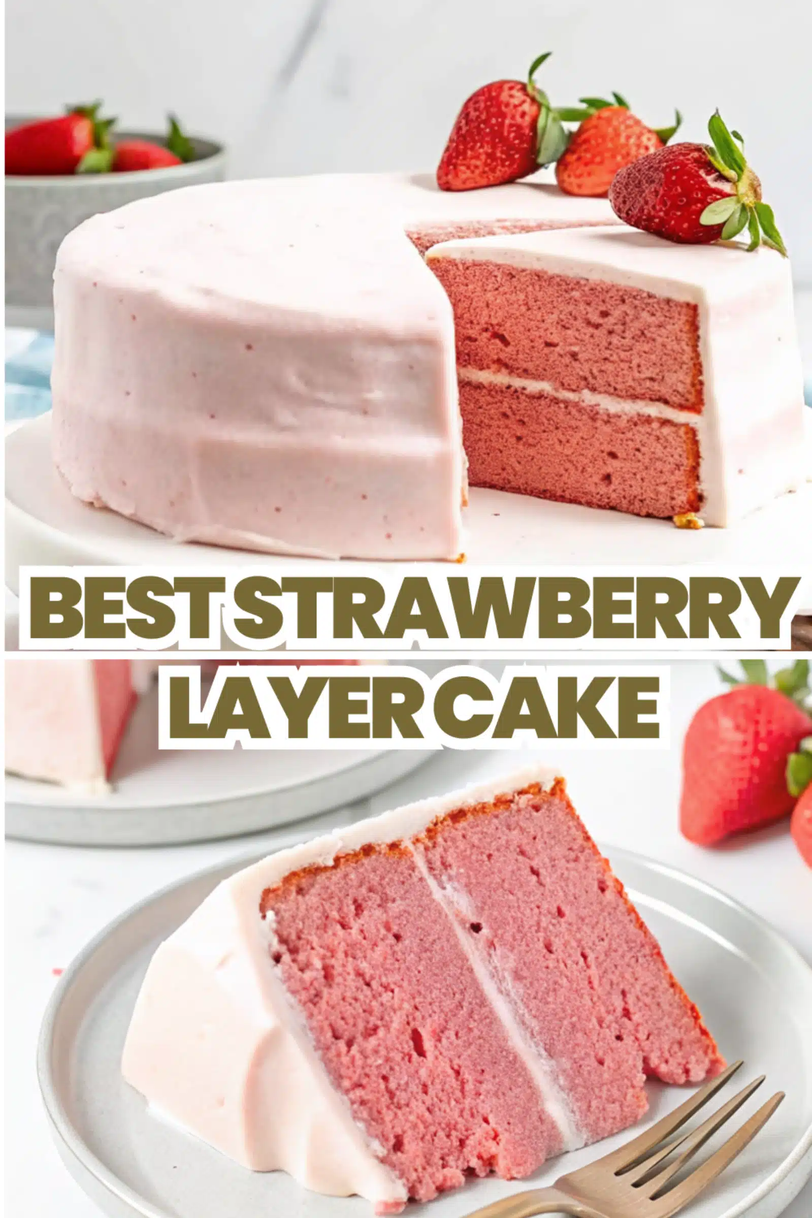Strawberry Layer Cake vibrant pink layers with strawberry cream cheese frosting on a white cake stand on a white marble surface