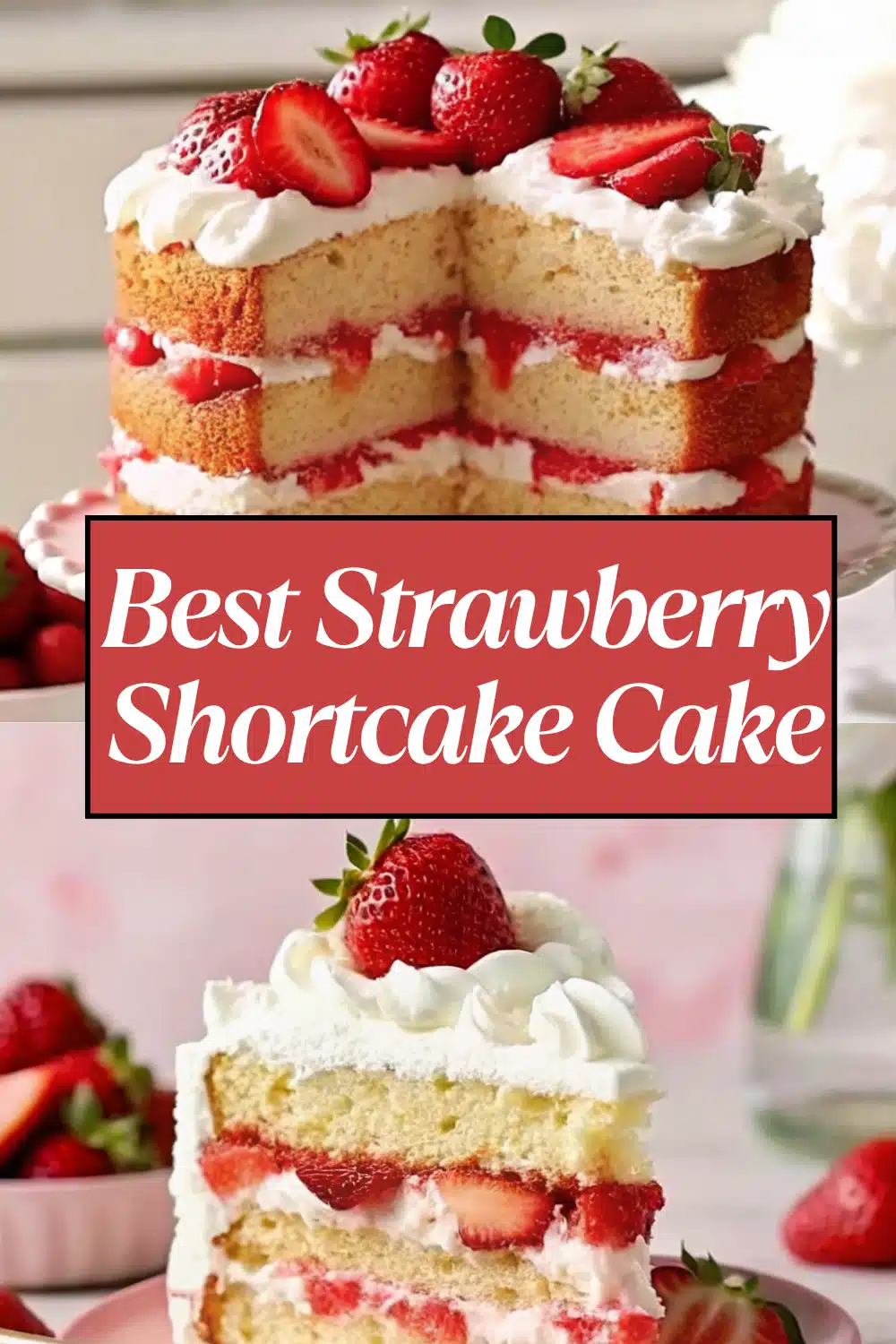 Strawberry Shortcake Cake three layer vanilla cake with cream cheese whipped cream frosting and fresh strawberries on a white marble surface