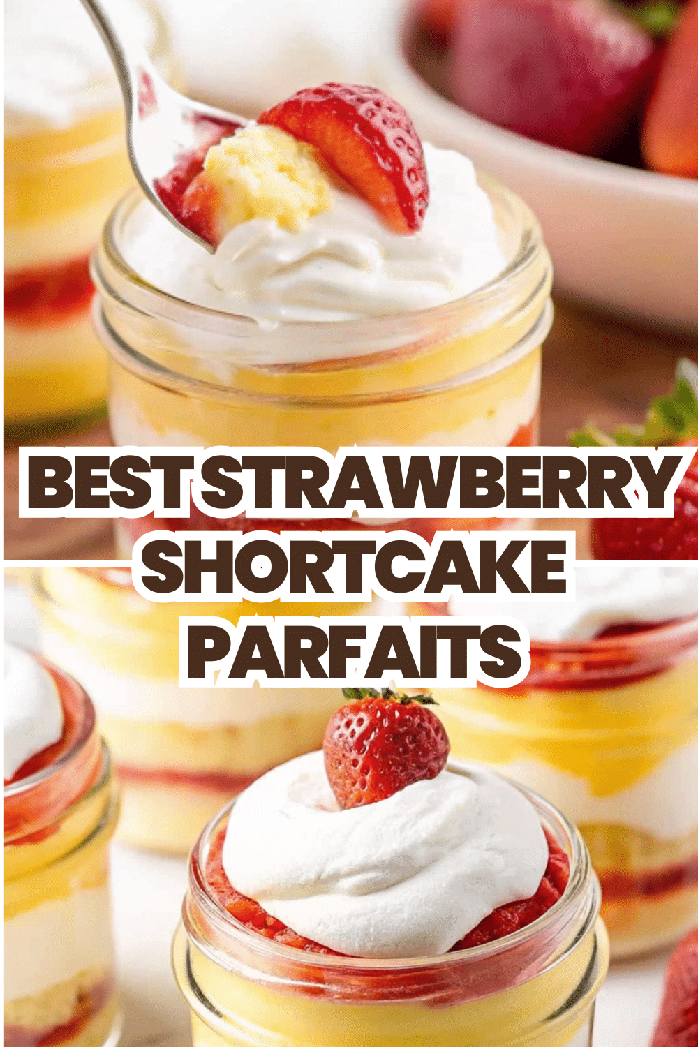 Strawberry Shortcake Parfaits in individual glass jars with whipped cream fresh strawberry and visible cake and sauce layers on a white marble surface
