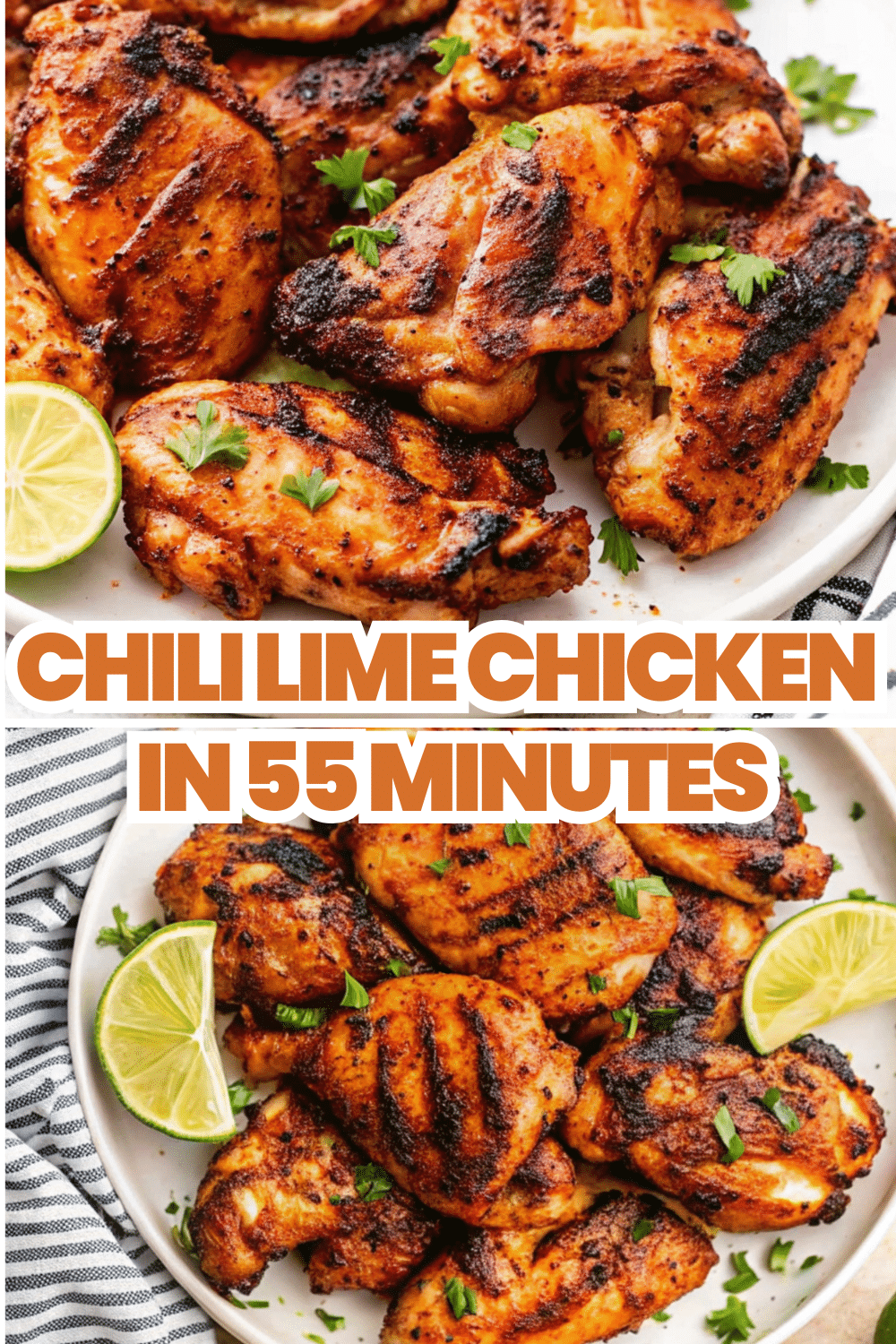 Chili Lime Chicken juicy grilled chicken thighs with caramelized chili lime glaze lime wedges and fresh cilantro on a white plate on a white marble surface