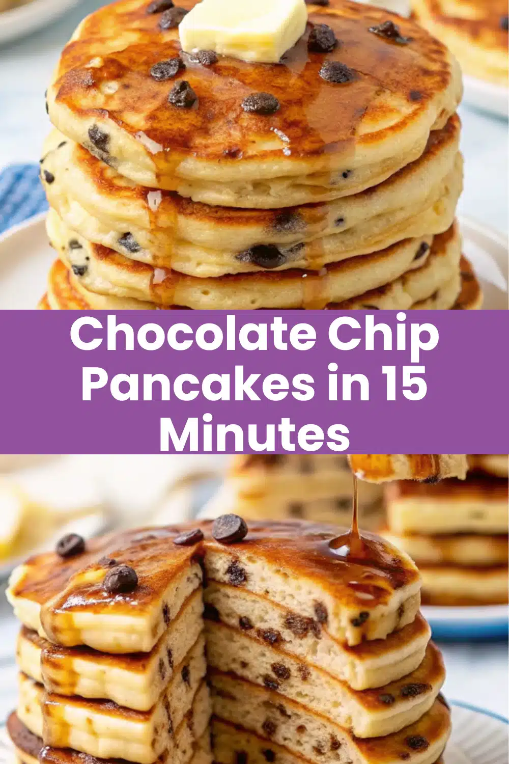 Chocolate Chip Pancakes stacked high with maple syrup and melting butter showing chocolate chips throughout on a white plate on a white marble surface