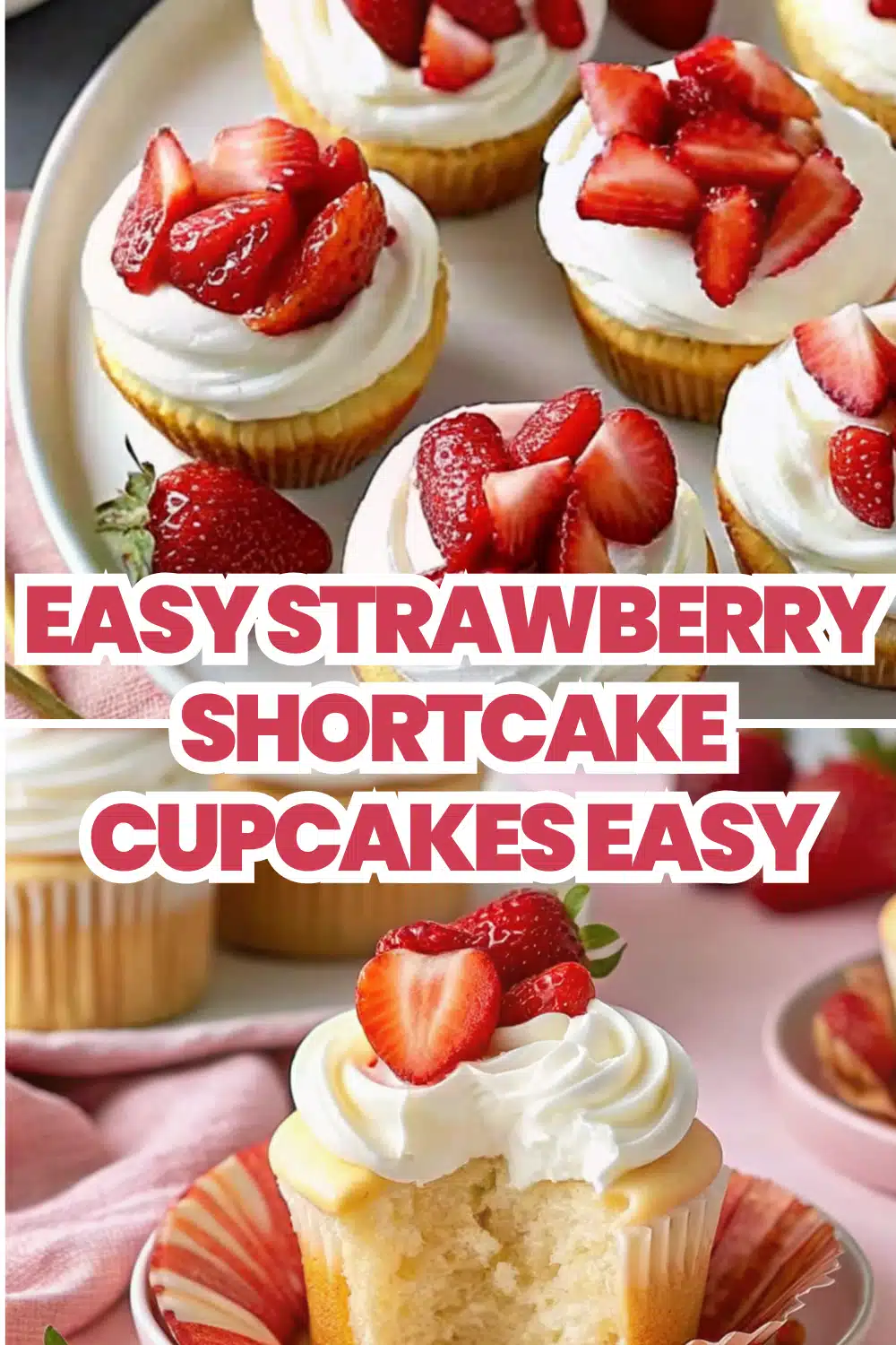 Strawberry Shortcake Cupcakes with white piped buttercream ring and fresh macerated strawberry center on a white marble surface