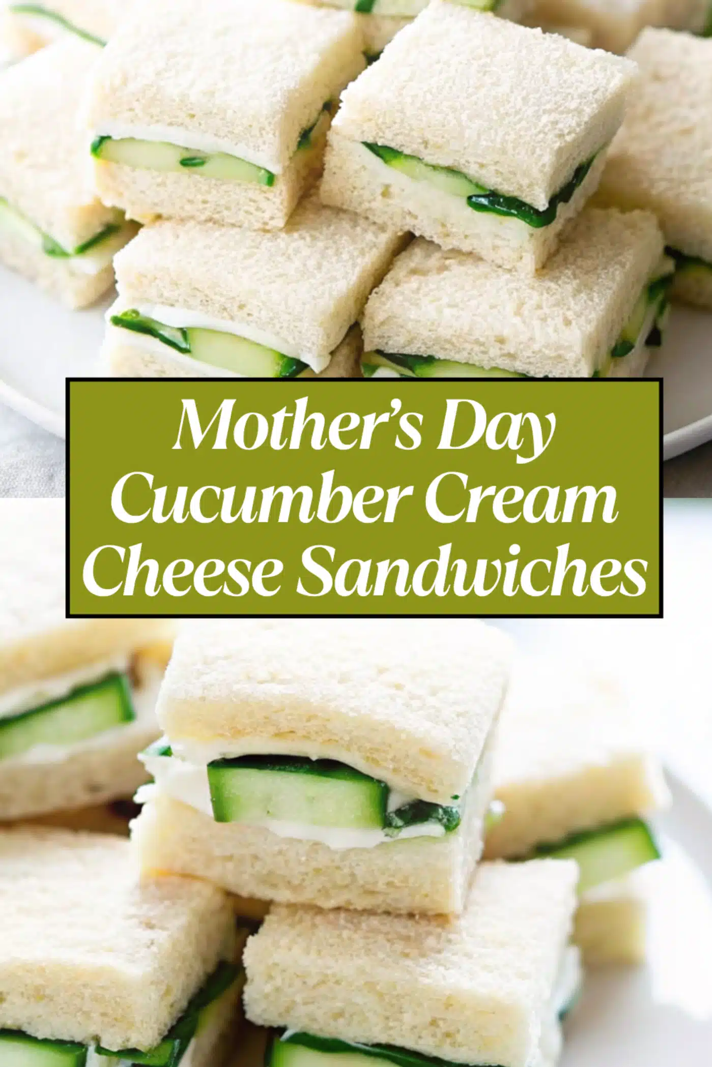 Cucumber Cream Cheese Sandwiches cut into elegant triangles with fresh dill and cream cheese on soft white bread on a white marble surface