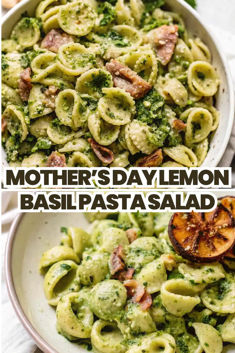 Lemon Basil Pasta Salad with orecchiette caramelized zucchini and vibrant green lemon basil herb sauce in a white bowl on a white marble surface