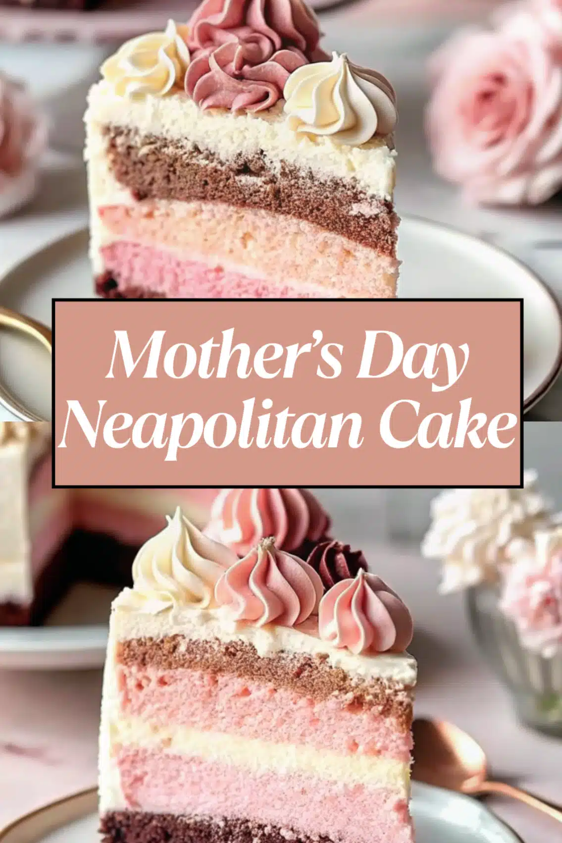 Neapolitan Cake sliced showing three distinct chocolate strawberry and vanilla layers with cream cheese frosting on a white marble surface