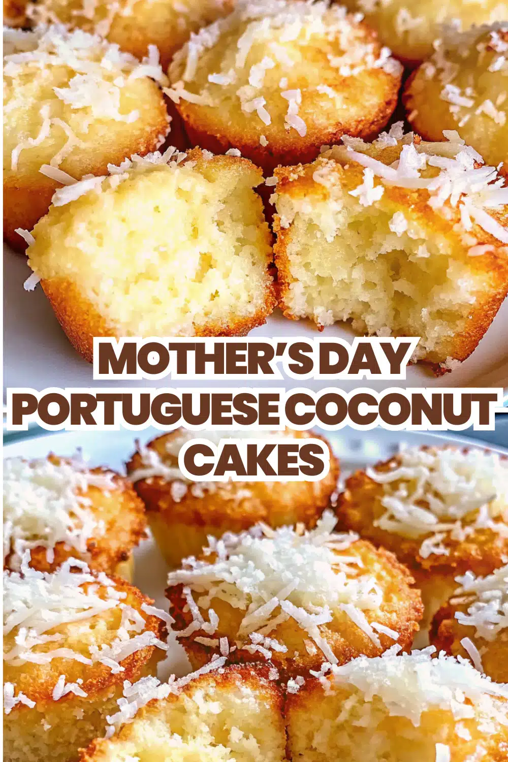 Portuguese Coconut Cakes golden fluffy individual cakes arranged on a white marble surface with shredded coconut and fresh flowers