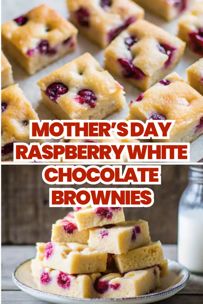 Raspberry White Chocolate Brownies golden fudgy squares with fresh raspberry bursts on a white marble surface with fresh raspberries scattered around