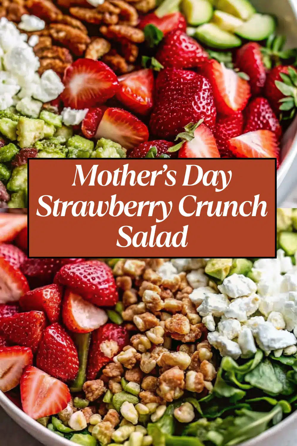 Strawberry Crunch Salad with caramelized almonds fresh strawberries avocado goat cheese pistachios and arugula in a white bowl on a white marble surface