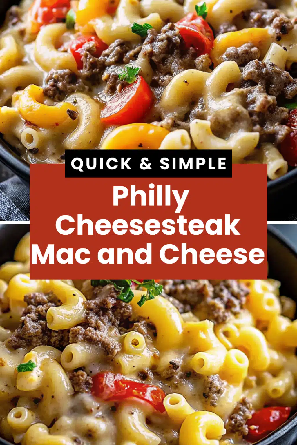 Philly Cheesesteak Mac and Cheese with creamy three cheese sauce seasoned ground beef and colorful bell peppers in a white skillet on a white marble surface