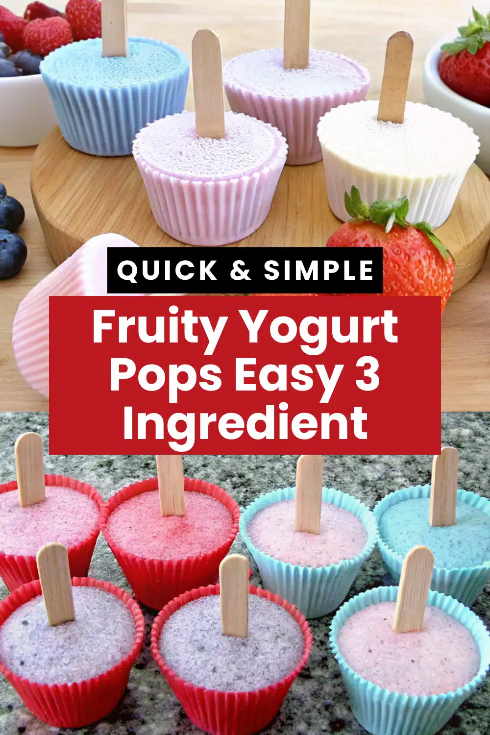 Fruity Yogurt Pops vibrant pink frozen pops with fresh berries on silver tray on marble