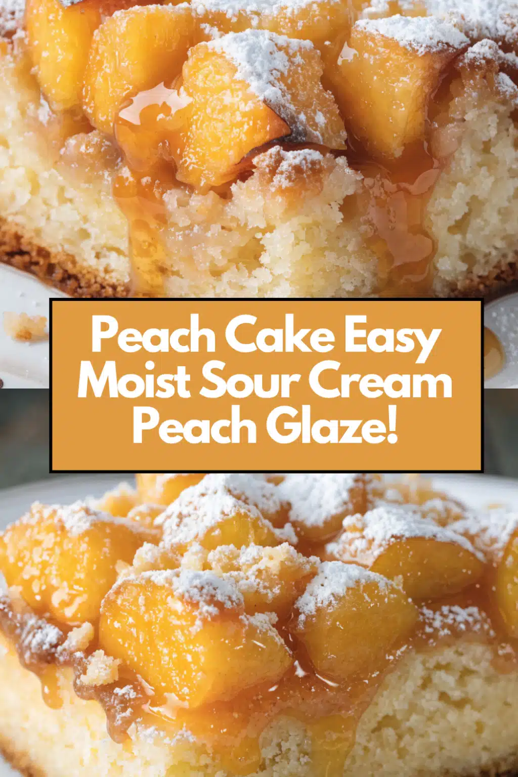 Peach Cake golden with peach glaze on white cake stand on marble