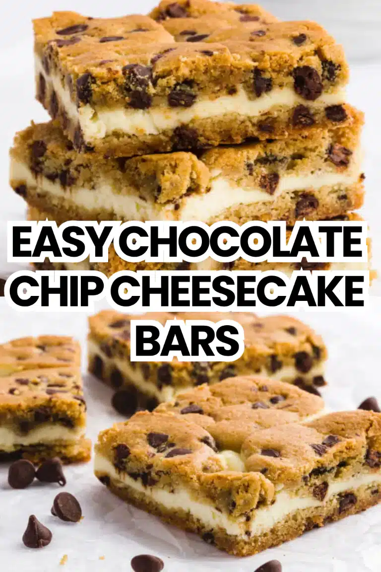 Chocolate Chip Cheesecake Bars golden with chocolate chips stacked on white surface on marble