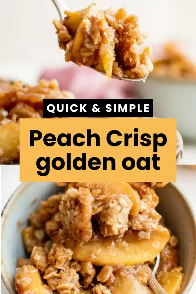 Peach Crisp golden oat topping with bubbling peach filling in white dish on marble