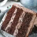 A slice of Chocolate Oreo Cake showing the three deeply dark Dutch cocoa layers with smooth Oreo cream buttercream and chocolate ganache on a white plate
