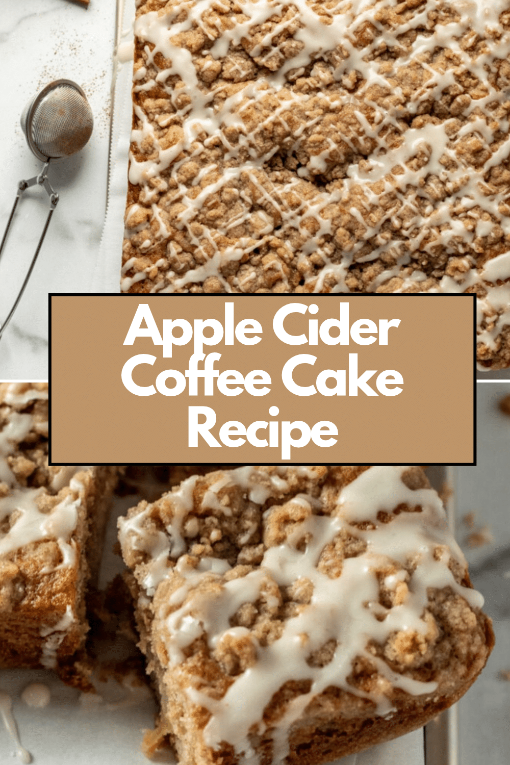 Apple Cider Coffee Cake Recipe cream cheese swirl with golden streusel in white pan on marble