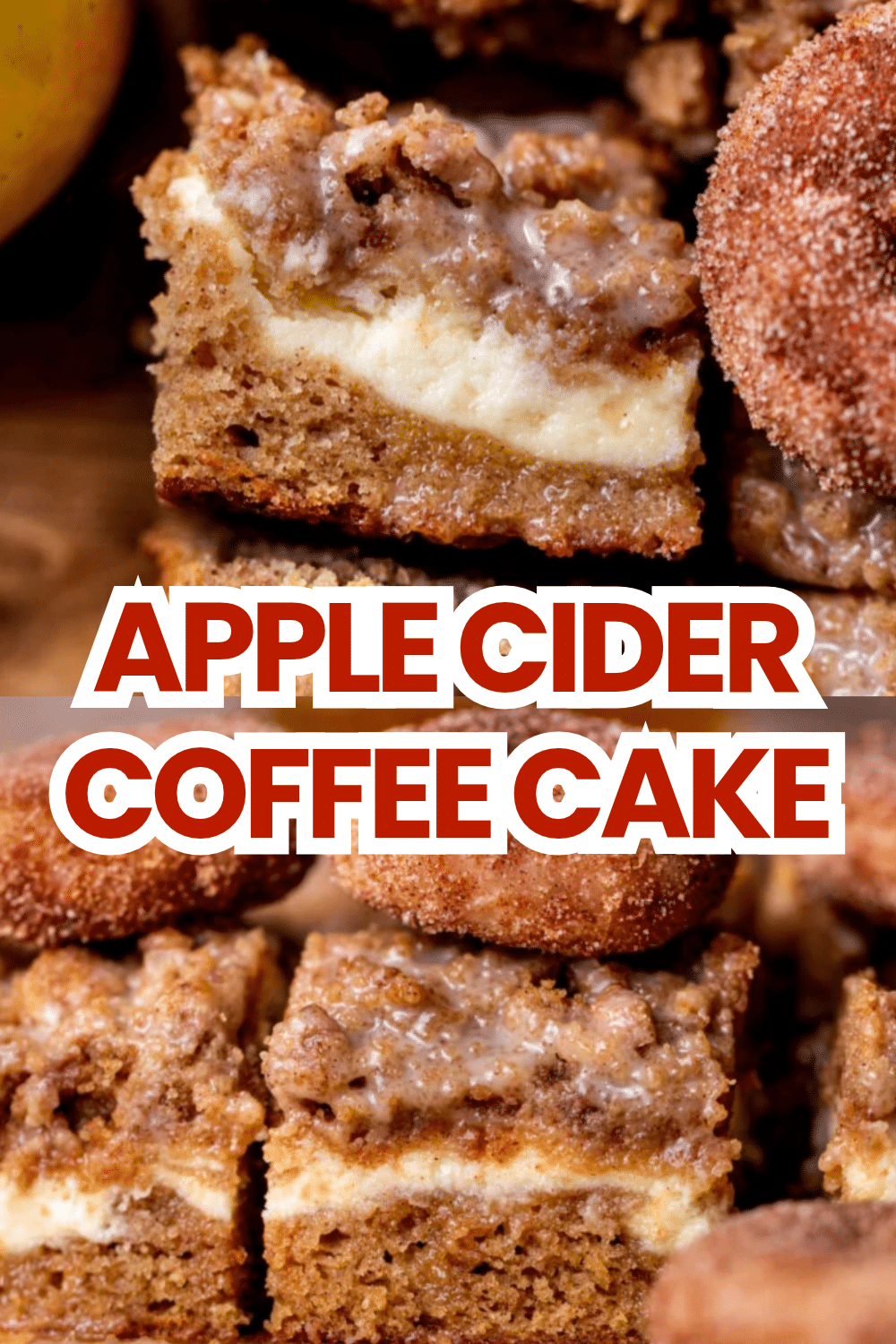 Apple Cider Coffee Cake golden streusel with cider glaze in white pan on marble