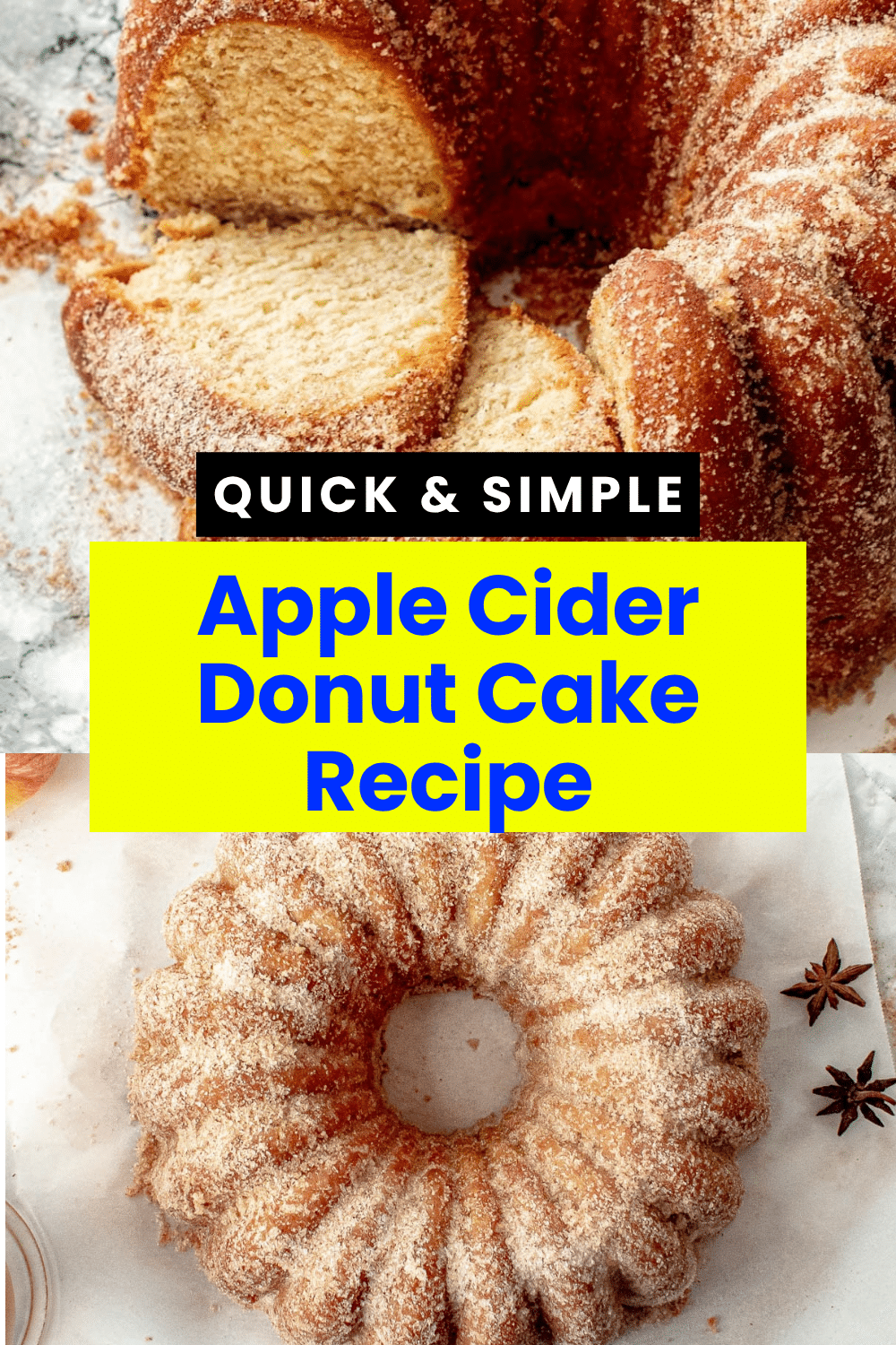 Apple Cider Donut Cake Recipe two-layer with cinnamon cream cheese frosting and cinnamon sugar on white stand on marble