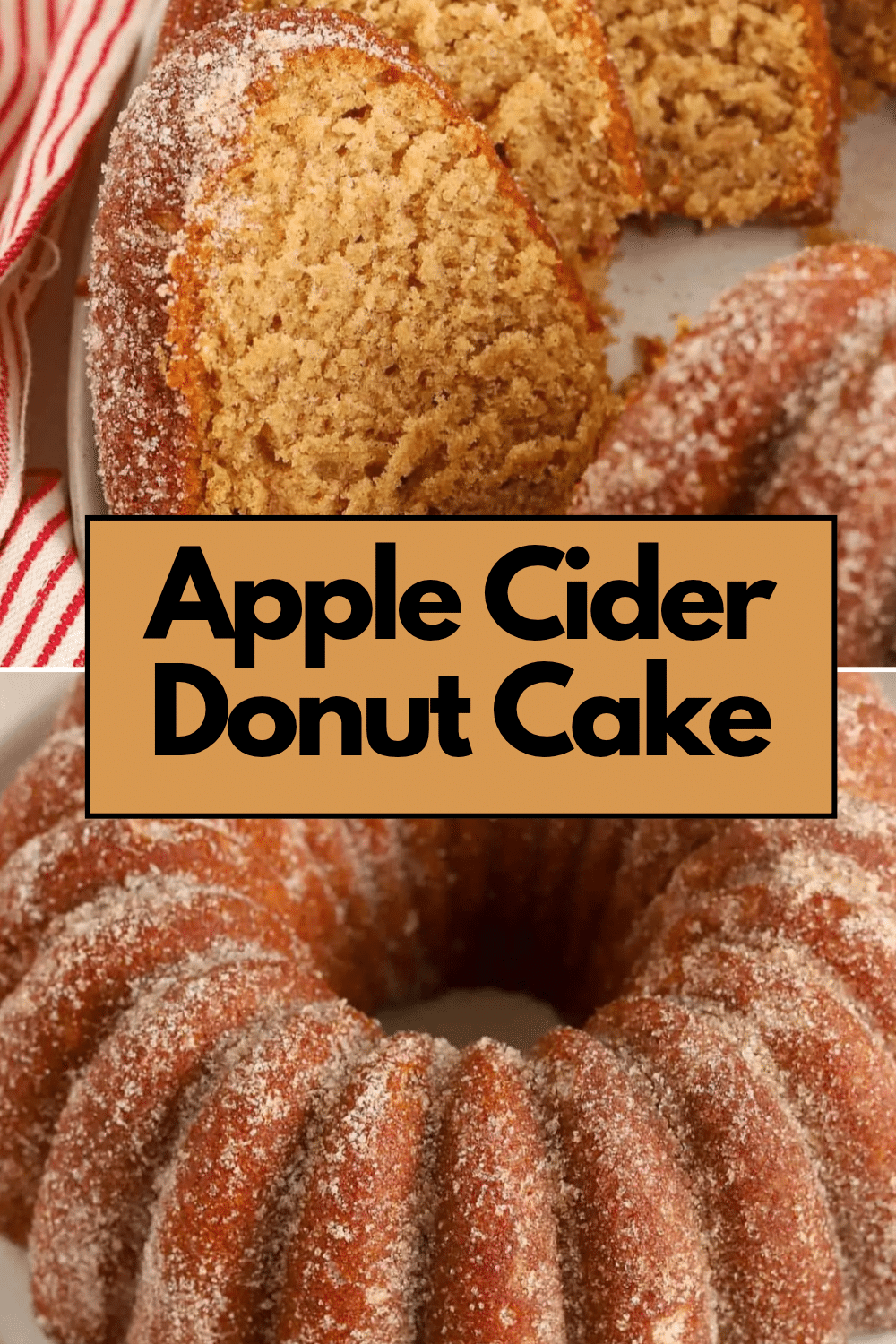 Apple Cider Donut Cake moist with cream cheese frosting in white dish on marble