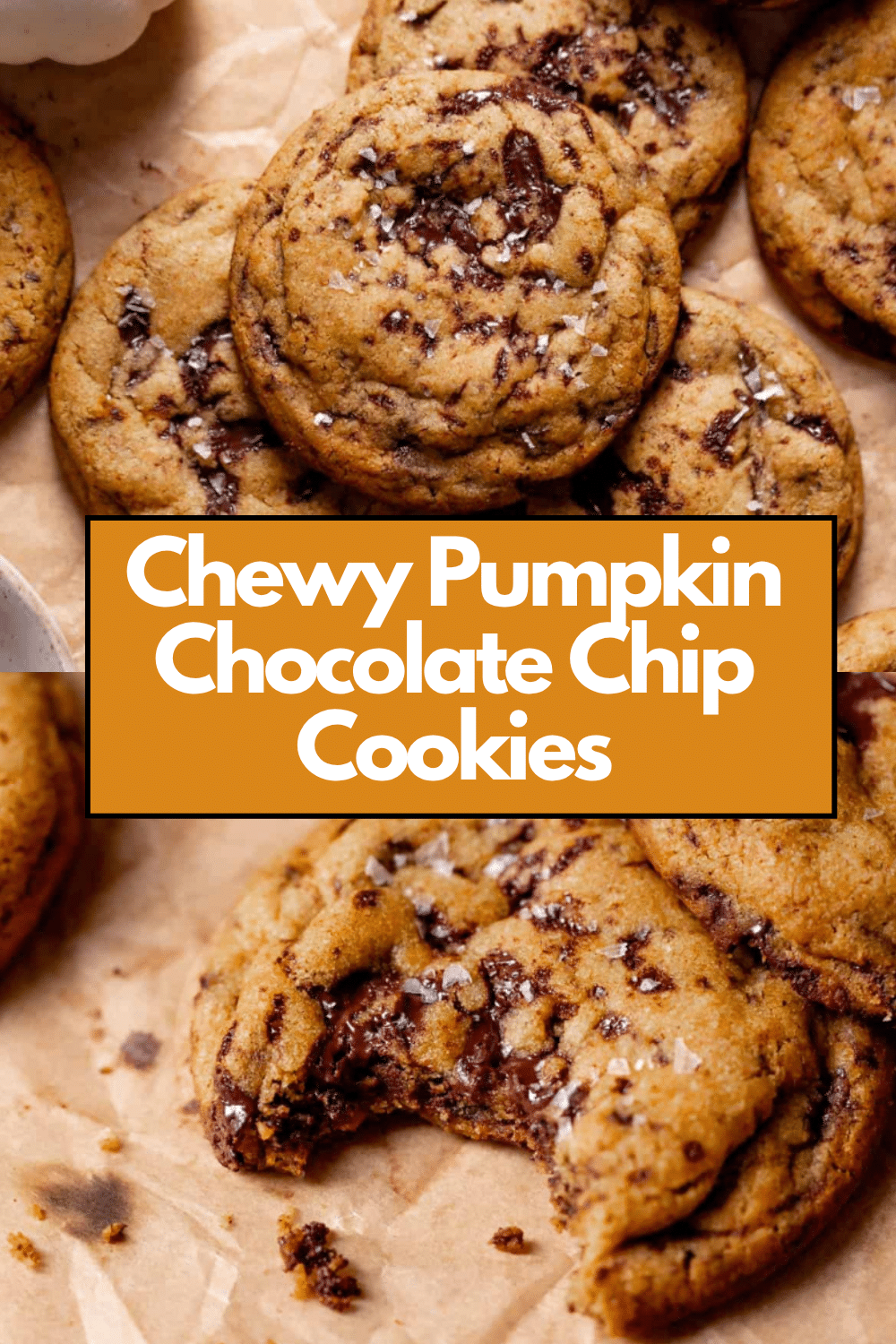 Chewy Pumpkin Chocolate Chip Cookies golden chewy with chocolate chips on white plate on marble