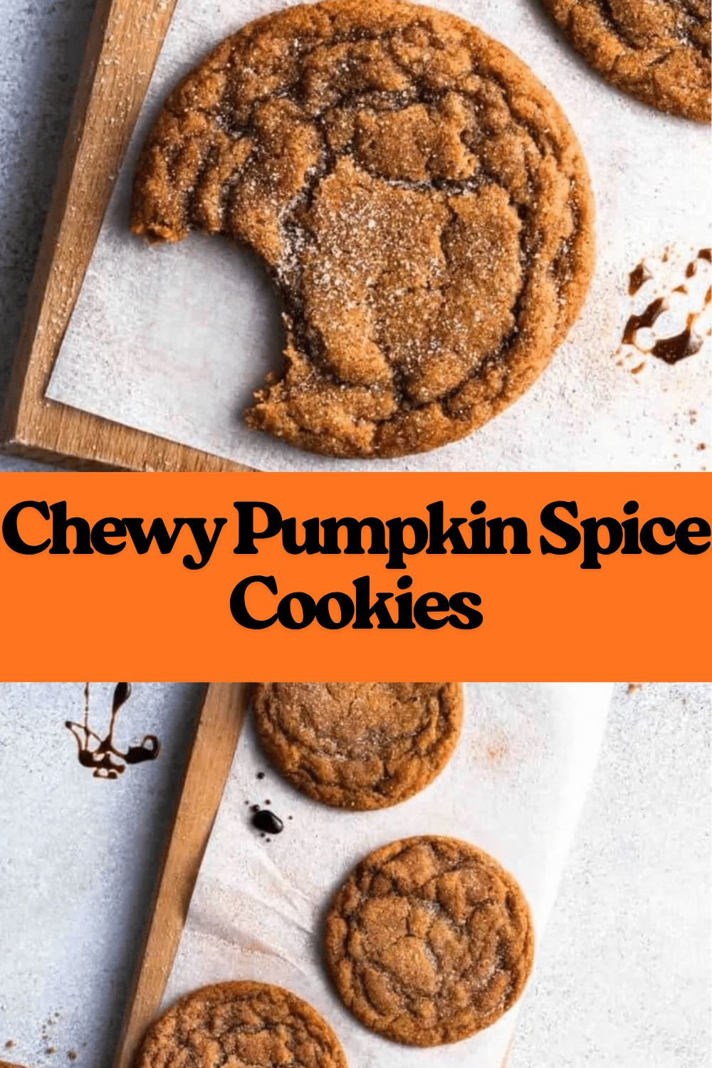 Chewy Pumpkin Spice Cookies golden with spiced sugar and maple glaze drizzle on white plate on marble