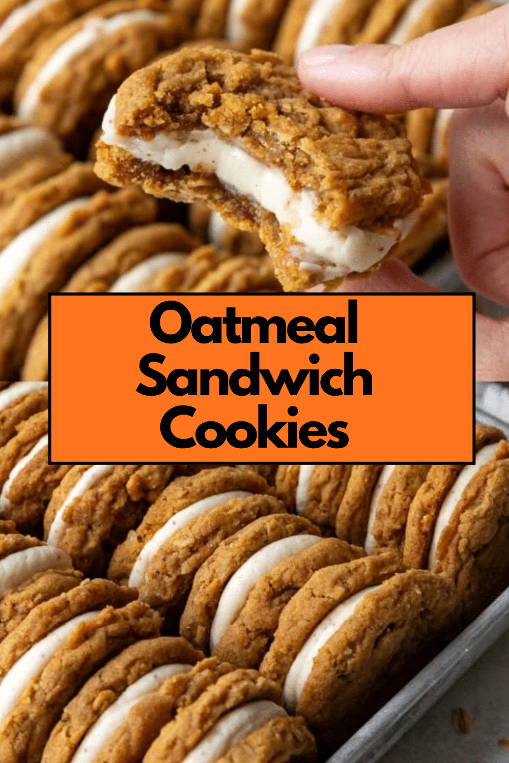 Close-up of an Oatmeal Sandwich Cookie showing the chewy rolled oat cookie with the gorgeous cream cheese cinnamon filling visible from the side