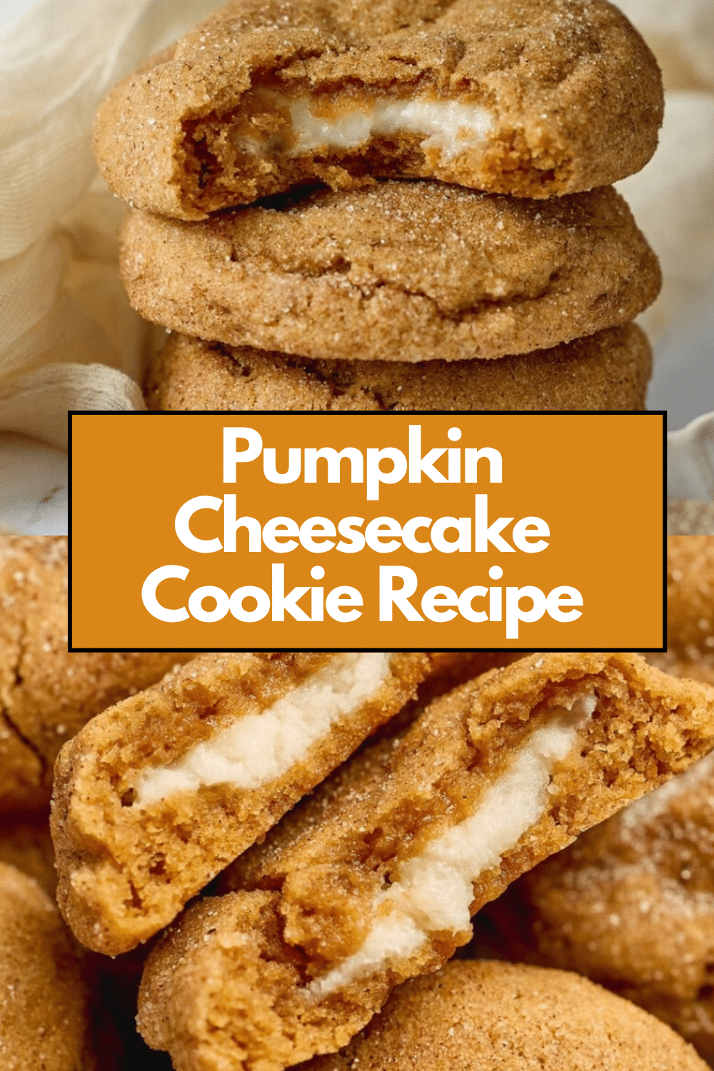 Pumpkin Cheesecake Cookie Recipe gorgeous cream cheese swirl on brown butter pumpkin cookie on white plate on marble