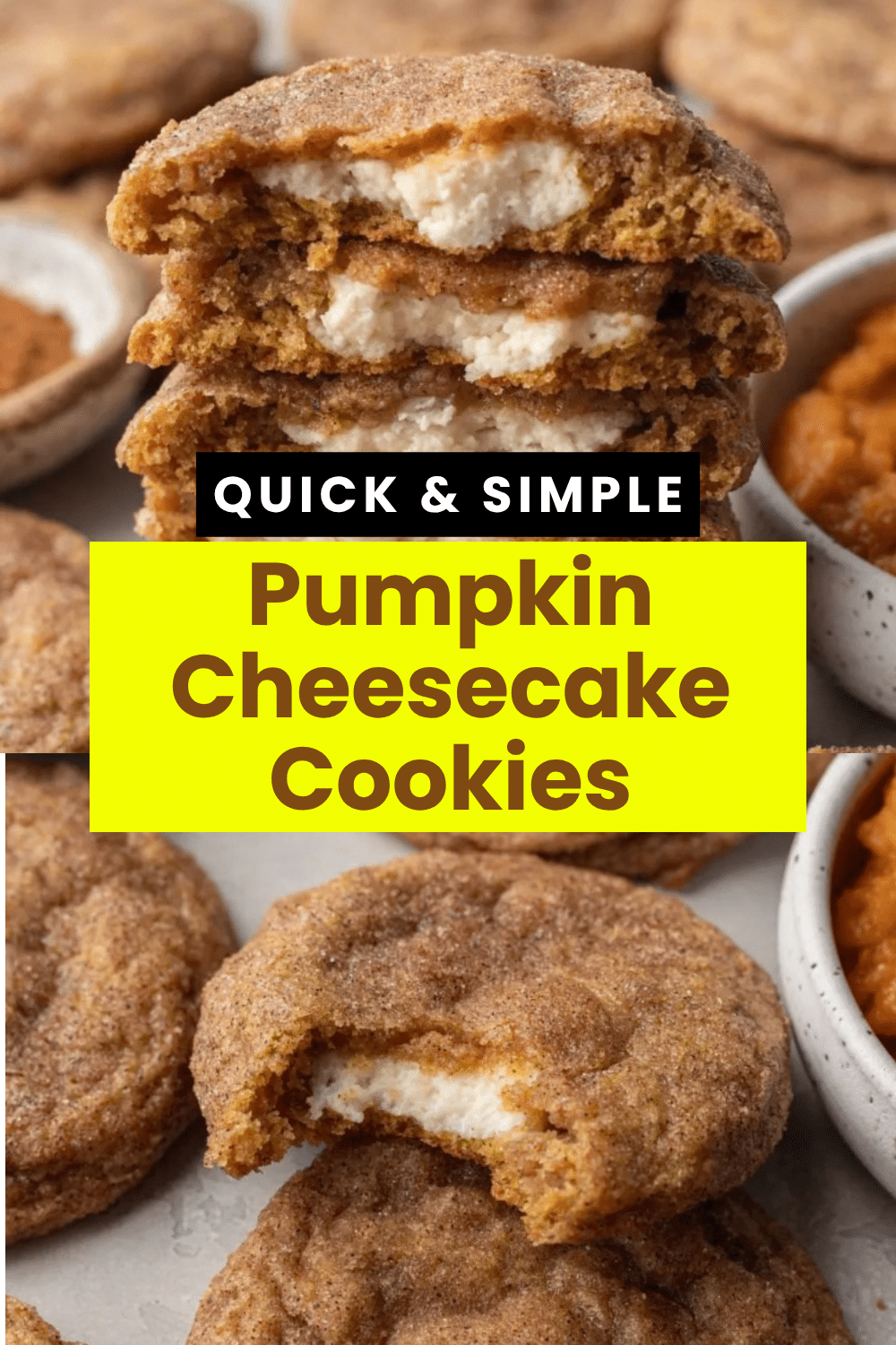 Pumpkin Cheesecake Cookies broken open showing cream cheese center with cinnamon sugar coating on white plate on marble
