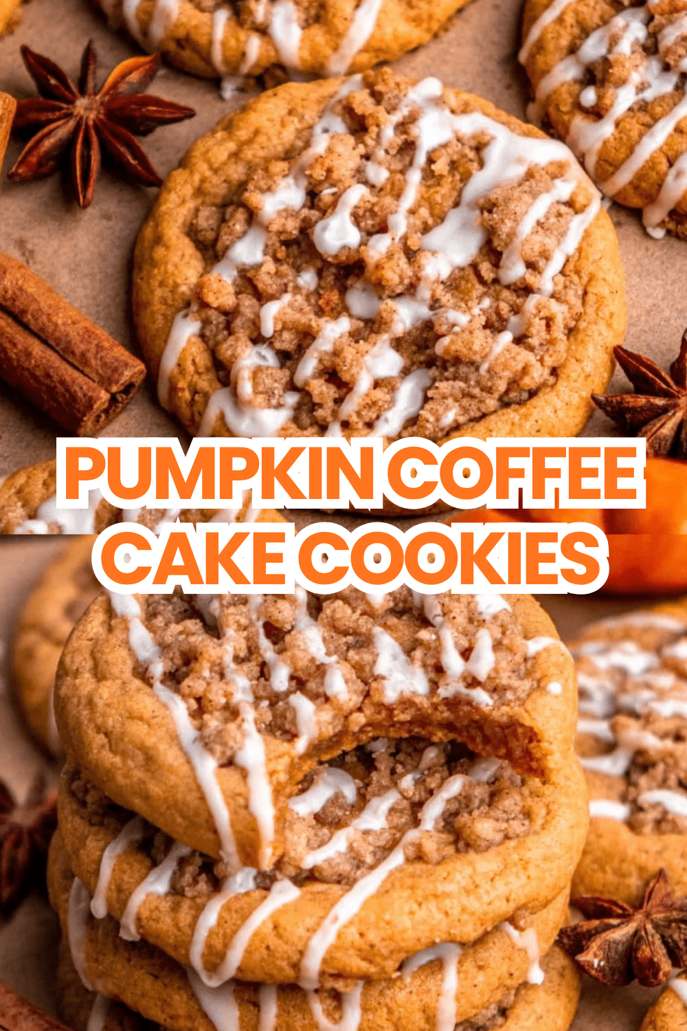 Pumpkin Coffee Cake Cookies golden streusel topping with vanilla glaze drizzle on white plate on marble