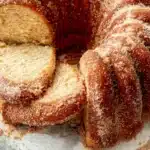 Apple Cider Donut Cake Recipe stunning two-layer celebration cake with cinnamon cream cheese frosting and cinnamon sugar coating exterior on a white cake stand on marble