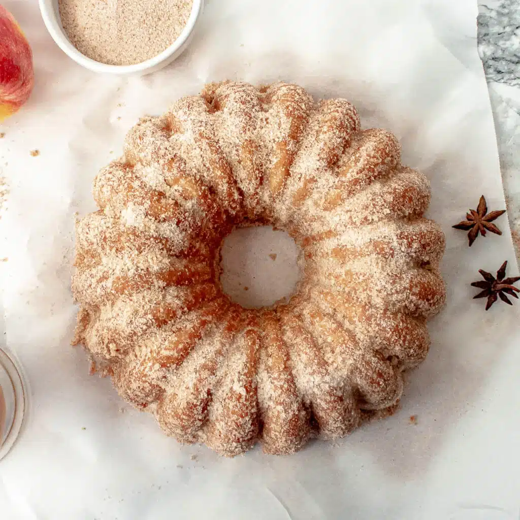 Home 5 A slice of the Apple Cider Donut Cake Recipe showing the moist brown butter apple cider crumb with cinnamon cream cheese frosting and cinnamon sugar exterior