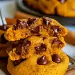 Close-up of the Best Pumpkin Chocolate Chip Cookies showing the soft thick sour cream pumpkin crumb with mini chocolate chips throughout and golden edges