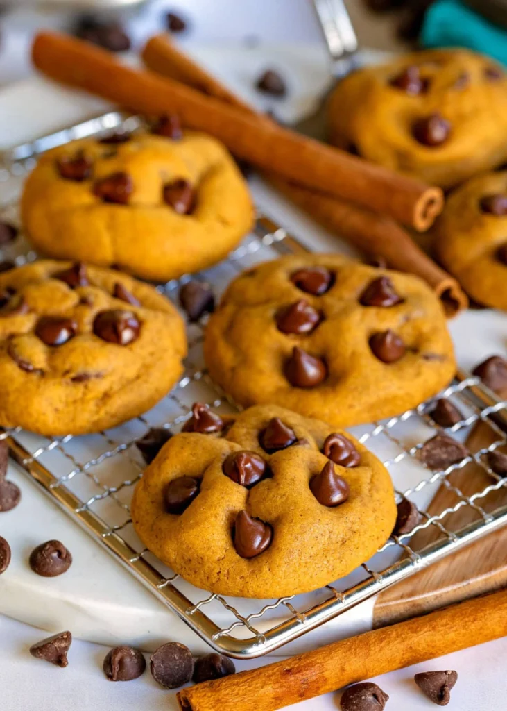 Home 5 Best Pumpkin Chocolate Chip Cookies soft thick golden fall cookies with mini chocolate chips generously covering each surface on a white plate on marble