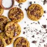 Close-up of the Chewy Pumpkin Chocolate Chip Cookie showing the properly chewy cornstarch-enriched fall crumb with chocolate chips and golden edges