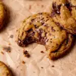 Close-up of a Chewy Pumpkin Chocolate Chip Cookie showing the properly chewy browned butter pumpkin crumb with chocolate chips and golden edges