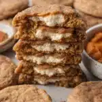 Close-up of a Pumpkin Cheesecake Cookie broken in half showing the gorgeously smooth cream cheese cheesecake center inside the warm spiced pumpkin cookie