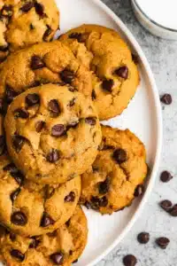 Close-up of the Pumpkin Chocolate Chip Cookies Recipe showing the properly chewy brown butter pumpkin crumb with dark chocolate chips and flaky sea salt