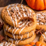 Close-up of a Pumpkin Coffee Cake Cookie showing the soft pumpkin sour cream base with gloriously golden crunchy streusel topping and delicate vanilla glaze
